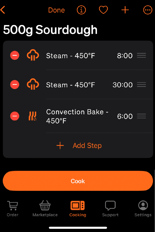 500g boule cook cycle in the Tovala app